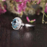 2.2ct Oval Cut Blue Aquamarine Diamond Halo Solitaire Ring 14k White Gold Finish