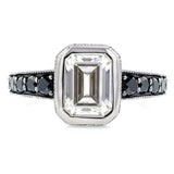 2Ct Emerald Cut Diamond Solitaire Ring 14K White Gold Finish Round Black Accents