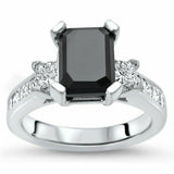 3Ct Emerald Cut Black Diamond Princess Accent Solitaire Ring 14K White Gold Over