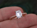 1ct Emerald Cut Diamond Solitaire with Round Accents Ring 14k Rose Gold Finish