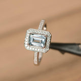 2.3ct Emerald Cut Blue Aquamarine Diamond Accent Halo Ring 14k White Gold Finish