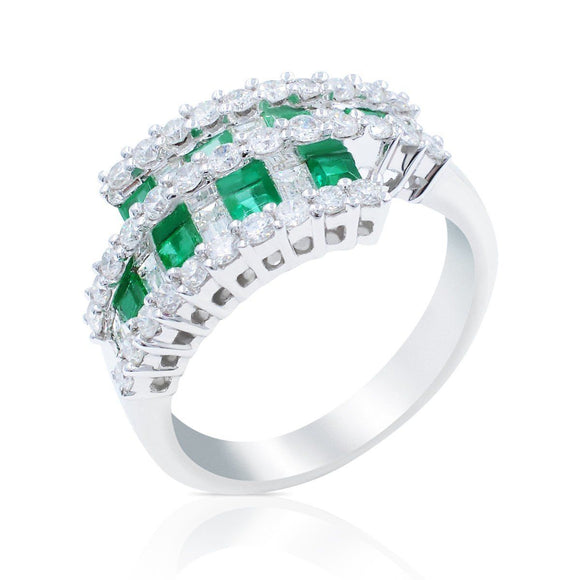 4ct Princess Green Emerald ByPass Cluster Engagement Ring 14k White Gold Finish