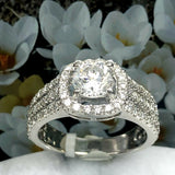 2.7ct Round Cut Diamond Engagement Ring Three Row Shank Halo 14k White Gold Over
