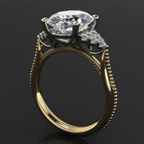 Round Cluster Accents Solitaire Ring 3ct Oval Cut Diamond 14k Yellow Gold Finish