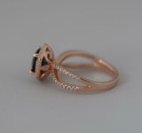 2ct Round Cut Blue Sapphire Split Shank Hexagon Halo Ring 14k Rose Gold Finish