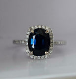 2.2ct Engagement Ring Oval Cut Blue Sapphire Diamond Halo 14k White Gold Finish