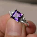 2.5ct Asscher Cut Purple Amethyst Trilogy Engagement Ring 18k White Gold Finish