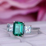 1.9ct Green Emerald Cut Engagement Ring Solitaire Trilogy 14k White Gold Finish