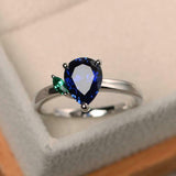 1ct Pear Blue Sapphire Engagement Ring Two Stone Solitaire 14k White Gold Finish