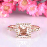 2ct Princess Cut Peach Morganite Halo Milgrain Engagement Ring 14k RoseGold Over