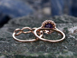 3Ct Round Purple Amethyst Bridal Set Floral Ring Infinity Band 14K RoseGold Over