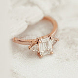 0.5ct Emerald Cut Simulated Diamond Trilogy Engagement Ring 14k Rose Gold Plated