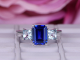 2ct Emerald Blue Sapphire Engagement Ring Trilogy Solitaire 14k White Gold Over