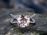 1Ct Round Peach Morganite Rope Split Band Engagement Ring 14K White Gold Finish