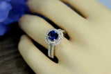 2ct Round Blue Sapphire Engagement Ring Diamond Halo Floral 14k White Gold Over