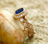 2Ct Cushion Cut Blue Sapphire Vintage Halo Engagement Ring 14K Rose Gold Finish