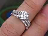 3pc Trio Wedding Bridal Set Vintage Band Engagement Ring 14k White Gold Finish