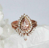 2.5ct Pear Peach Morganite Engagement Ring 14k RoseGold Over Curved Bridal Set