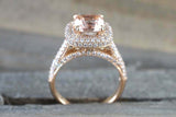 2.5ct Princess Cut Morganite Engagement Ring Cluster Halo 14k Rose Gold Finish