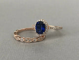 1.2ct Oval Cut Blue Sapphire Halo Bridal Set Engagement Ring 14k RoseGold Finish
