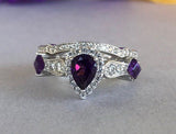 1.9ct Pear Cut Purple Amethyst Bridal Set Engagement Ring 14k White Gold Finish