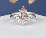 2ct Pear Cut Simulated Peach Morganite Crown Bridal Set 14k White Gold Plated