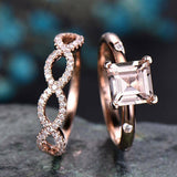 2ct Princess Cut Morganite Bridal Set Ring Infinity Band 14k Rose Gold Finish
