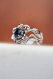 1ct Round Blue Sapphire Engagement Ring Flower Leaf Solitaire 14k WhiteGold Over
