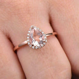 1.6ct Engagement Ring Pear Cut Peach Morganite Halo Solitaire 14k Rose Gold Over
