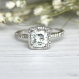 3Ct Cushion Cut DVVS1 Diamond Accents Halo Engagement Ring 14K White Gold Finish