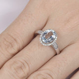 2.5ct Oval Cut Blue Aquamarine Halo Ring 14k White Gold Finish with Round Accent
