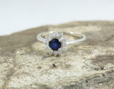 2.2ct Engagement Ring Round Cut Blue Sapphire Floral Halo 14k White Gold Finish