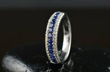 3Ct Round Cut Blue Sapphire Three Row Diamond Wedding Band 14K White Gold Finish