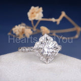 2.1ct Round Cut Moissanite Floral Milgrain Halo Women Ring 14k White Gold Plated