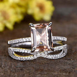 3ct Emerald Cut Peach Morganite Bridal Set Ring Infinity Band 14k WhiteGold Over