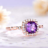 1.6ct Cushion Purple Amethyst Engagement Ring Solitaire Halo 14k Rose Gold Over