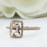 2ct Emerald Cut Morganite Halo Solitaire Round Accent Ring 14k Yellow Gold Over