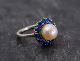 2.1ct Pearl Halo Round Blue Sapphire Engagement Ring 14k White Gold Finish