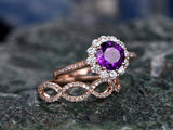 3Ct Round Purple Amethyst Bridal Set Floral Ring Infinity Band 14K RoseGold Over