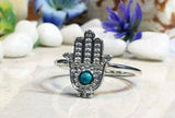 0.3ct Engagement Ring Round Cut Blue Turquoise Hamsa Design 14k WhiteGold Finish