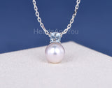 1ct Cushion Simulated Aquamarine Mother's Day Pearl Pendant 14k WhiteGold Plated