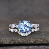 2.2ct Engagement Ring Round Cut Blue Topaz Curved Bridal Set 14k White Gold Over
