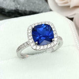2.4ct Cushion Cut Blue Sapphire Round Diamond Halo Ring 14k White Gold Finish