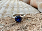 2.2ct Engagement Ring Asscher Cut Blue Sapphire Solitaire 14k White Gold Finish