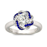 4Ct Round Cut Diamond Sapphire Floral Halo Engagement Ring 14K White Gold Finish