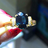 2.2ct Oval Cut Blue Sapphire Solitaire Round Accent Ring 14k Yellow Gold Finish