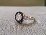 2Ct Round Cut Diamond Blue Sapphire Halo Engagement Ring 18K White Gold Finish