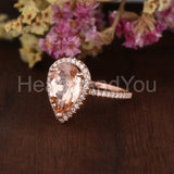 1ct Pear Cut Simulated Peach Morganite Halo Engagement Ring 14k Rose Gold Plated