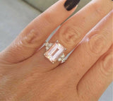 3ct Emerald Cut Peach Morganite Ring 14K White Gold Finish With Round Accents