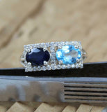 2.5ct Engagement Ring Oval Blue Sapphire Rectangular Halo 14k White Gold Over